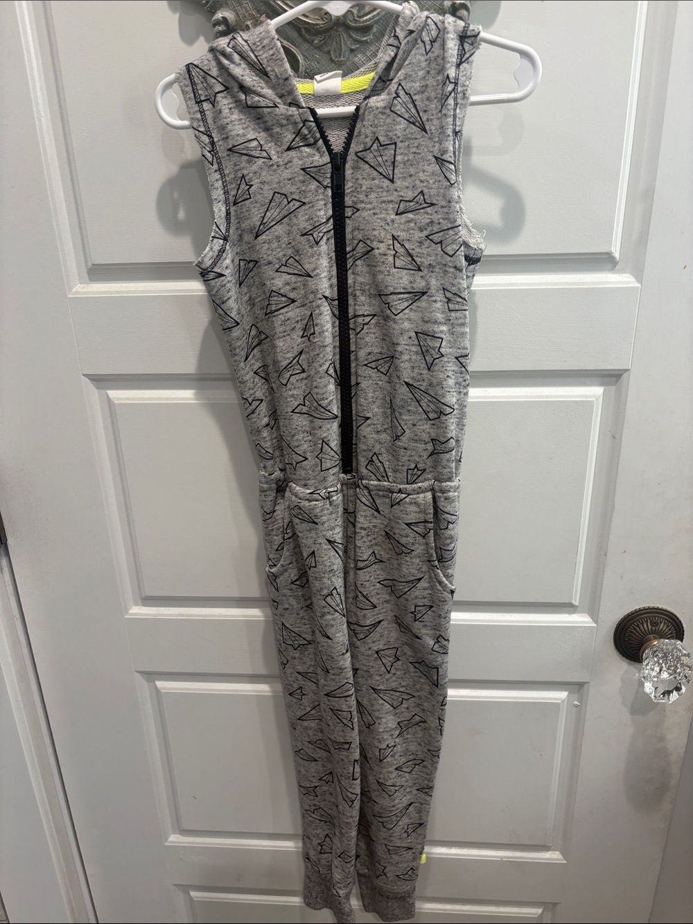 Grey Paper Plane Hooded Kids Romper with Front Zip